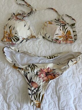 Rip Curl Cream Floral Bikini Top and Bottom with Pink & Olive Accents
